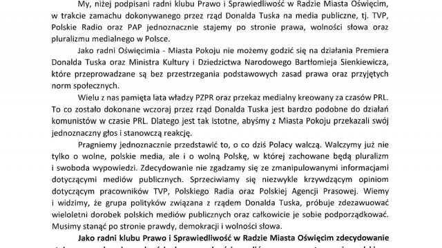 OŚWIĘCIM. Radni PiS wydali oświadczenie ws. zamachu na wolność słowa w mediach publicznych