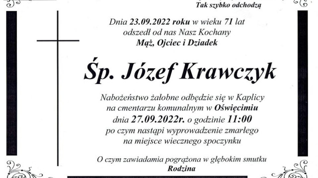 OŚWIĘCIM. We wtorek 27 września pożegnamy śp. Józefa Krawczyka, prezydenta Oświęcimia