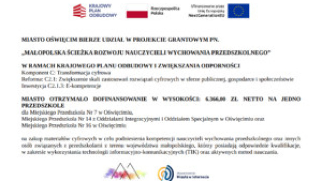 OŚWIĘCIM.MAŁOPOLSKA ŚCIEŻKA ROZWOJU NAUCZYCIELI WYCHOWANIA PRZEDSZKOLNEGO