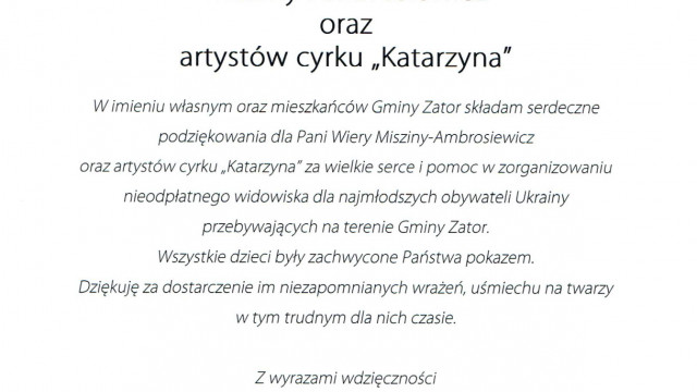 Podziękowanie dla Pani Wiery Misziny-Ambrosiewicz oraz artystów cyrku &quot;Katarzyna&quot;