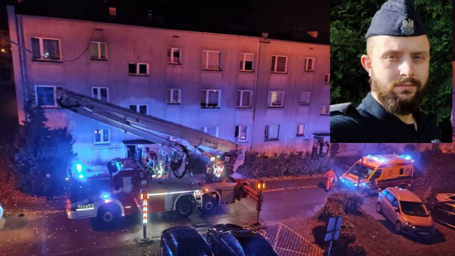 Pożar w bloku. Policjant po balkonach wszedł na drugie piętro