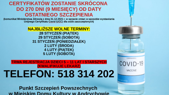 Punkt Szczepień Powszechnych w Andrychowie – informacja o skróceniu ważności certyfikatów do 9 miesięcy