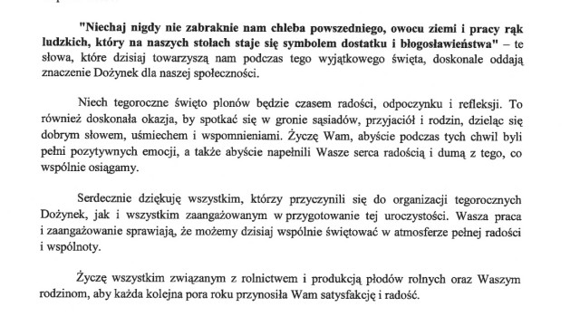 Szanowni Mieszkańcy Gminy Zator, Drodzy Rolnicy i Goście