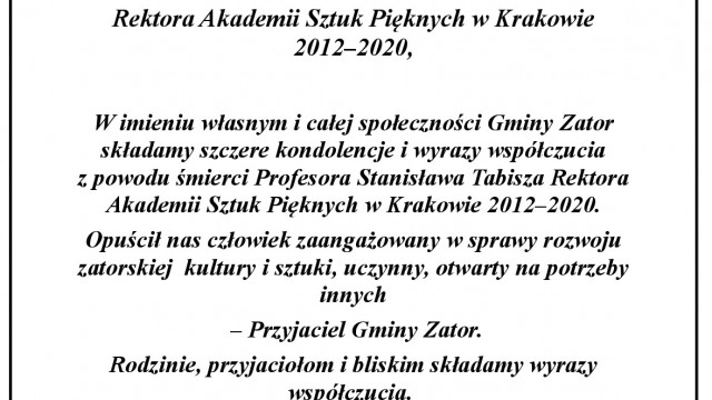 Z głębokim żalem przyjęliśmy wiadomość o śmierci Ś.P. Profesora Stanisława Tabisza