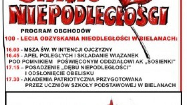 Zaproszenie na uroczyste obchody 100-lecia odzyskania niepodległości przez Polskę w Bielanach