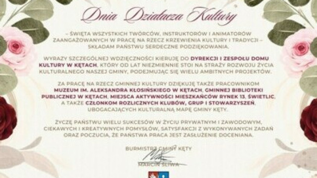 Życzenia Burmistrza Gminy Kęty z okazji Dnia Działacza Kultury