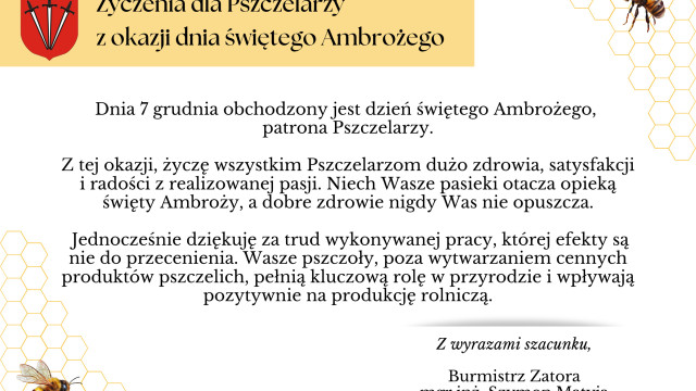 Życzenia dla Pszczelarzy z okazji dnia świętego Ambrożego