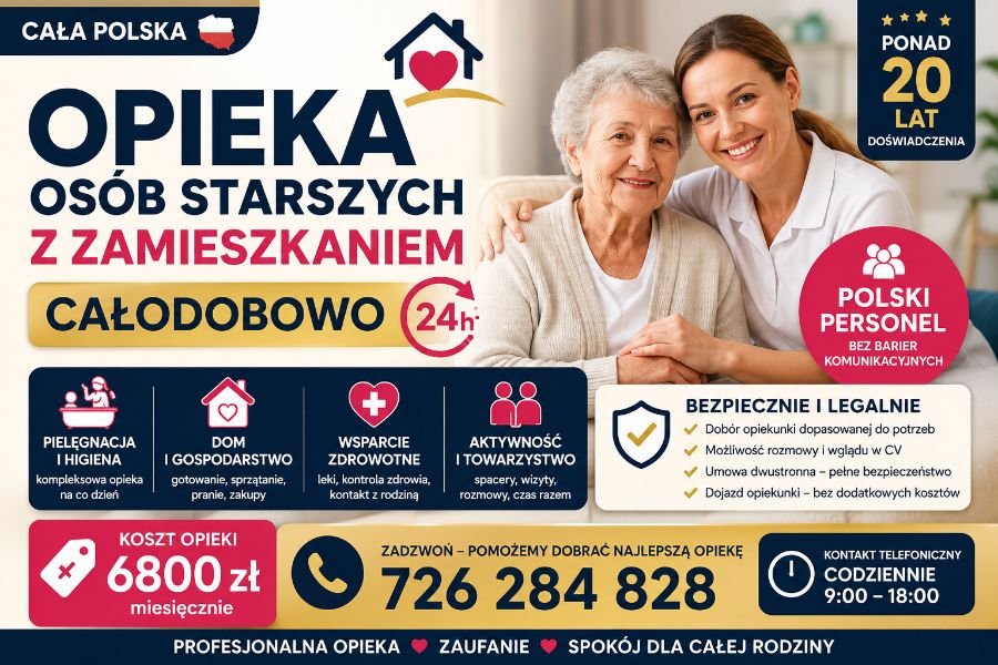 Opiekunka z zamieszkaniem do seniora - opieka całodobowa